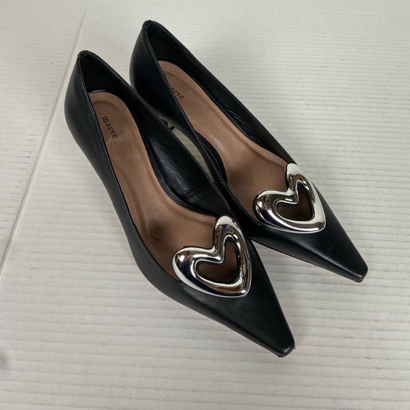 NWOT Anthropologie x Maeve Women's Leather Heart Pumps EU37/US6-6.5 Black Silver - Picture 6 of 8